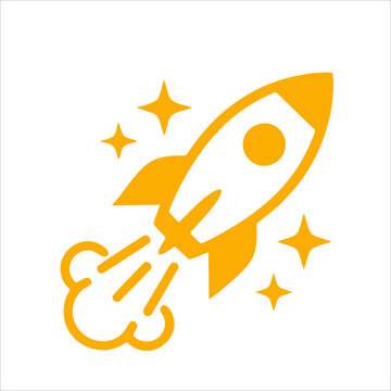 Yellow rocket ship icon launching with stars and smoke