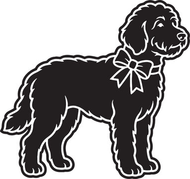 Black silhouette goldendoodle dog wearing christmas ribbon bow vector illustration