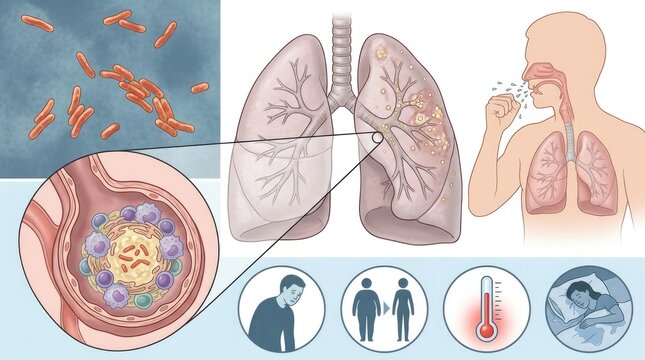 Pulmonary pathogen diagram: tuberculosis illness, cough infection, mycobacterium cell, respiratory disease, lung inflammation, immunity prevention, treatment recovery, medicine screening, tb diagnosis