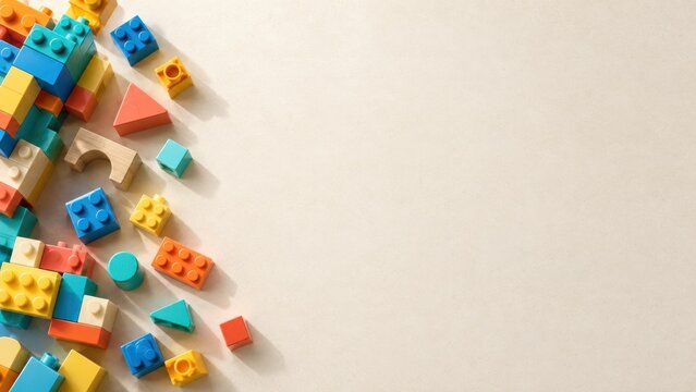Colorful Building Blocks and Geometric Educational Toys on Neutral Background