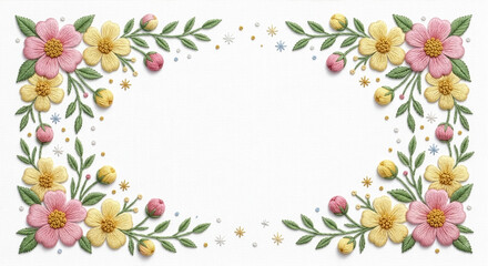 Obraz premium Embroidered Floral Corner Frame with Pink and Yellow Flowers on White Fabric Background