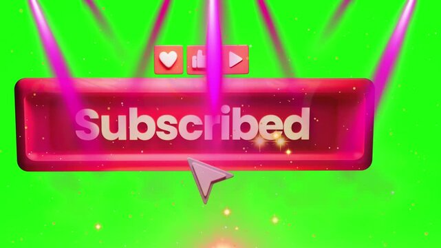 Subscriber button rendered in 3D pink with interactive icons above it and a cursor clicking down under dramatic spotlight illumination against a green backdrop.