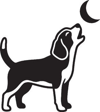 Black silhouette beagle dog howling at halloween moon vector illustration