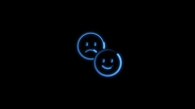 Glowing blue neon sad face and happy face icons animated on a black background, symbolizing emotional change, customer satisfaction rating, feedback, and mood scale.
