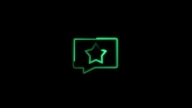 Animated green neon star inside a speech bubble icon flickering on a black background, representing customer review, favorite comment, rating, and feedback concept.