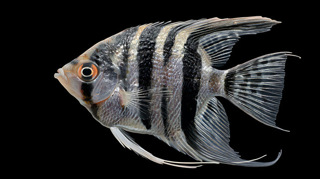 Angelfish with vertical black stripes and orange eye isolated on black background