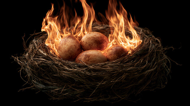 Bird nest containing brown eggs is consumed by intense orange flames