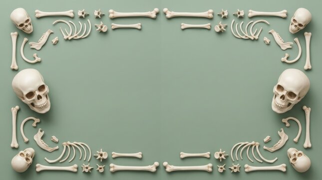 Human skulls and bones arranged as a decorative frame border