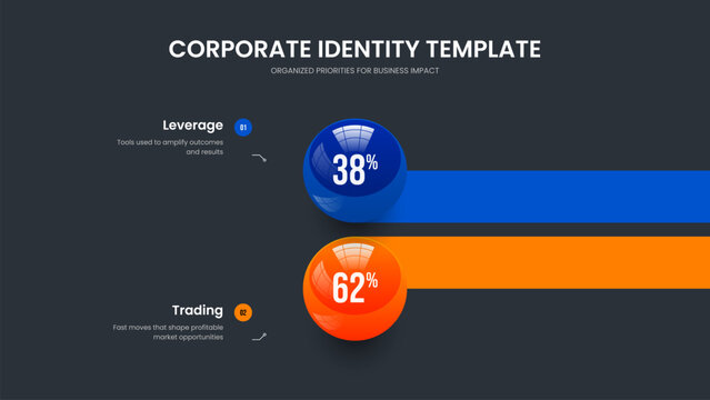 Product Strategy Slide Design Vector Illustration. Service Performance Two Element Graph Frame Layout. Elegant Plan 2 Option Chart Presentation Template.