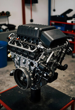 Automotive engineering and mechanical innovation, high performance combustion engine assembly on display in a modern industrial workshop environment
