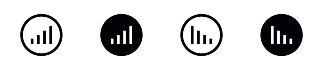 Obraz premium Bar Graph Icon Set, Data Metrics, Connection Level, Wireless Signal, Network Quality and Performance Tracking Symbols. Vector Illustration.