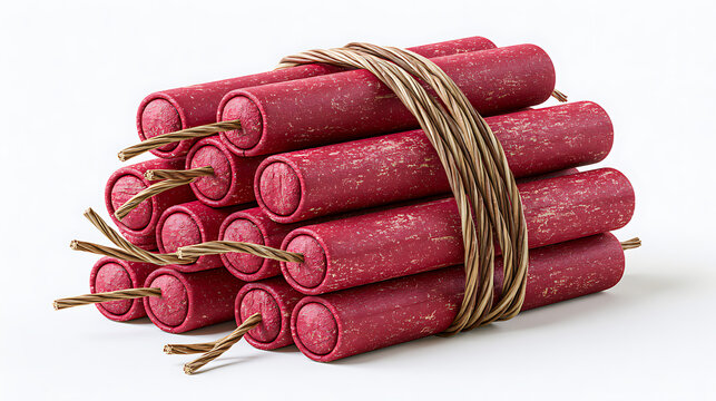 Bundle of red dynamite sticks with fuses isolated on white background