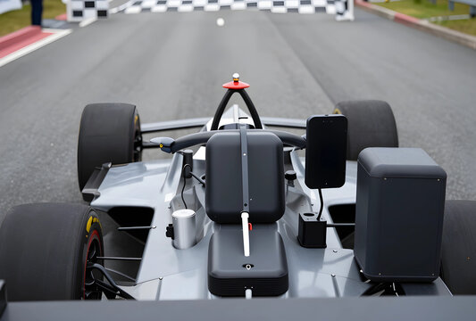 Autonomous racing and innovation, driverless formula car technology with sensors and smartphone on a professional asphalt track for vehicle testing