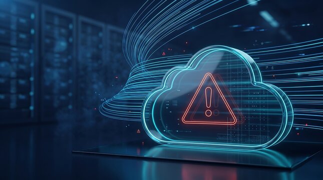Digital cloud icon with warning exclamation mark and light trails in futuristic server room background representing cloud service outage or critical network connection instability issues