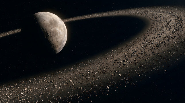 Stunning celestial view of an astroid belt orbiting a rocky exoplanet in the deep expanse of outer space