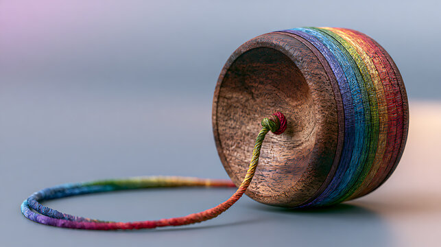 Classic wooden yo yo with rainbow string rests on a blurred surface