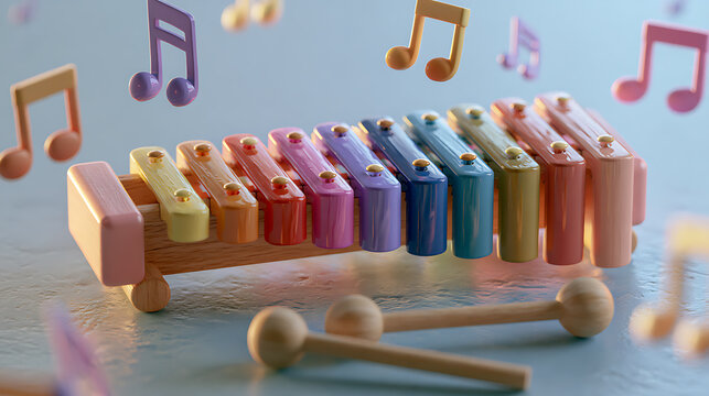 Colorful xylophone toy with wooden mallets and floating musical notes