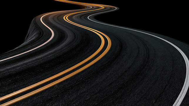 Curving asphalt road with yellow and white lane markings against black background