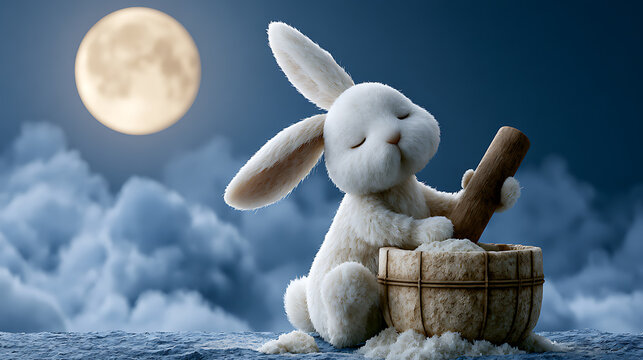 White rabbit grinds ingredients with pestle in wooden mortar scenic backdrop