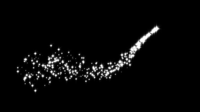 Shining white glitter sparkle star burst animation, glowing twinkle particles, magic wand glitter trail, glowing pixie dust burst on black screen background. 4k video