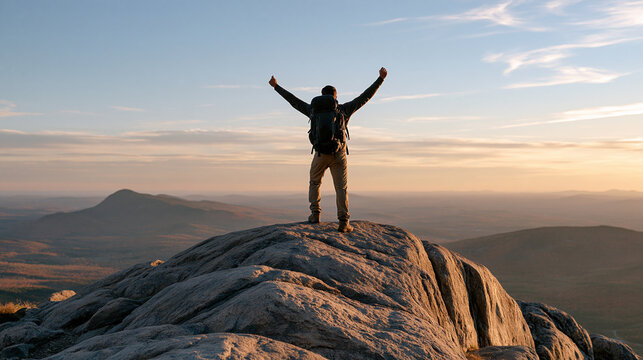 An avid hiker with a full pack stands at the summit of a forested ridge trail arms raised in triumph overlooking an autumn valley at golden hour celebrating national take a hike