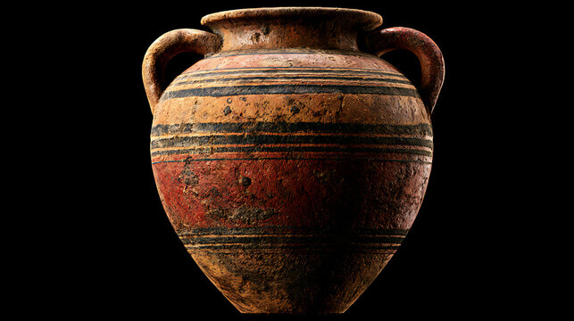 Earthenware amphora with horizontal bands isolated on black background