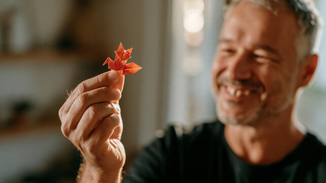 A man with gap teeth and a warm smile holds a tiny completed origami fox up toward a window with afternoon light filtering through the paper's folds on origami day delight