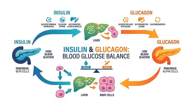 Insulin and Glucagon Blood Glucose Balance Regulation Infographic