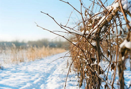 Winter dormancy and seasonal change, dry grape vines covered in snow in a vineyard during a cold winter day with soft sunlight and blurred background