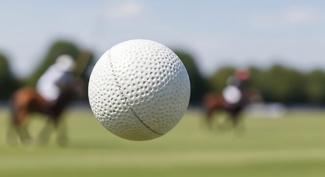 A white polo ball in motion over a blurred grassy field with horses and riders