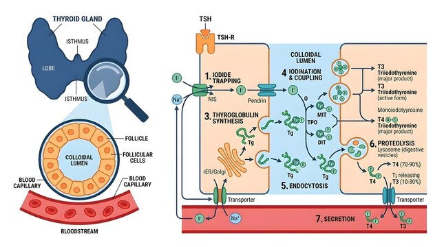 Thyroid Hormone Synthesis Diagram Showing Cellular Steps