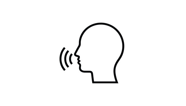 Voice assistant or speaking icon showing human head profile in black outline with audio sound waves on white background.