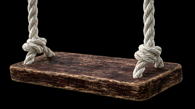 Rustic wooden swing seat with knotted rope suspension against a black background