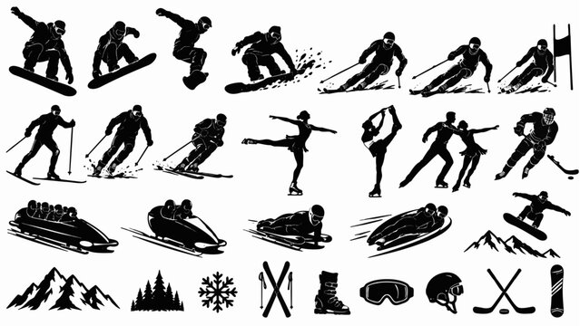 Winter Sports Athletes &ndash; Snowboarding, Alpine Skiing, Ice Skating and Bobsled Vector Silhouette Collection