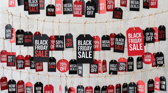 Black friday sale tags hanging on strings against a light background luxury gold vintage frames and ornate borders set