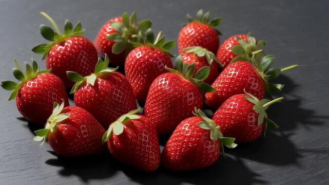 Fresh red strawberries on a dark background, heap of ripe organic berries with green leaves, studio slow rotation, commercial food video, healthy eating concept