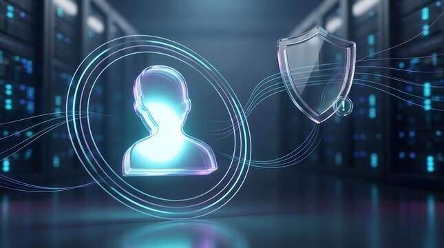 Personal data privacy protection concept featuring a glowing human silhouette inside a digital shield icon representing secure user identity and secure server room network management