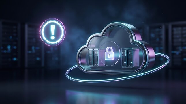 Cloud computing server security breach alert icon floating in a digital environment with a glowing padlock symbolizing data protection risks and unauthorized access to cloud storage