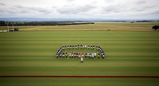 Aerial view of a polo team forming a semicircle on a vibrant green field during a match