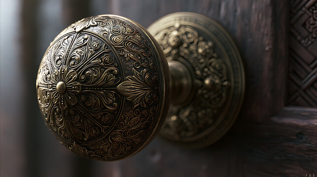 Ornate vintage brass door knob with intricate floral carvings is displayed