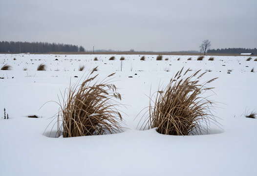 Winter landscape with dry grass, seasonal change and climate cold, nature dormancy and environmental stillness in a snowy field under a cloudy gray sky