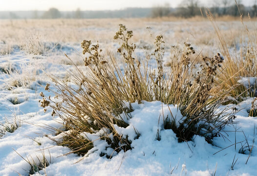 Winter dormancy and seasonal change, dry meadow grass covered in fresh snow during a cold morning in the countryside with soft natural sunlight