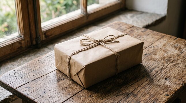 Rustic Gift Box Wrapped in Brown Paper Tied with Twine on Wooden Table