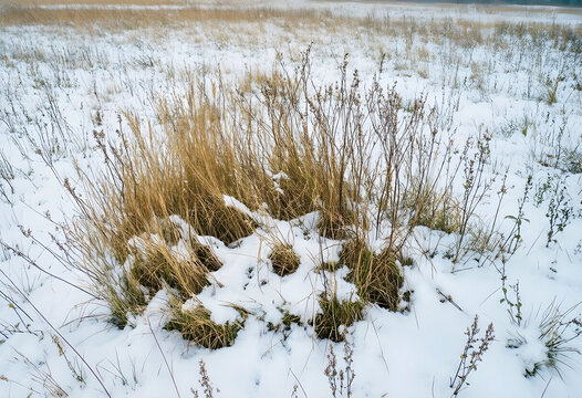 Winter landscape and seasonal change, dry grass covered in fresh snow in a rural field during cold weather with dormant nature and climate transition