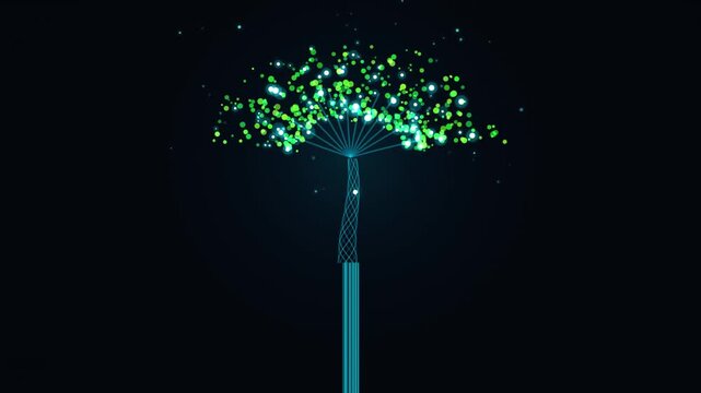 Abstract digital tree growth animation with glowing particles and network connections technology