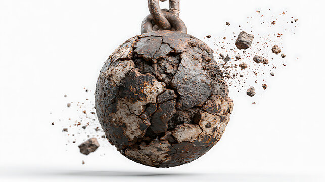 A cracked wrecking ball with debris fragments hangs from a metal chain