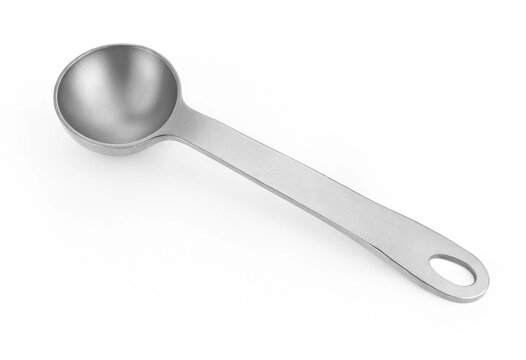 Single metal measuring spoon isolated on white background with kitchen utensil