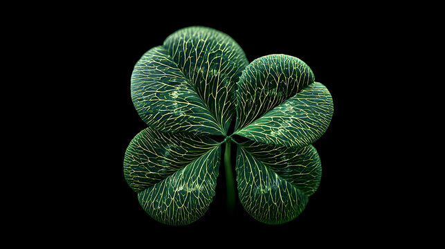 A four leaf clover displays detailed vein patterns against a black background