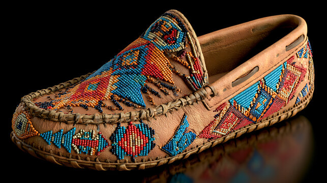 Tan leather moccasin shoe with colorful beaded geometric pattern is displayed