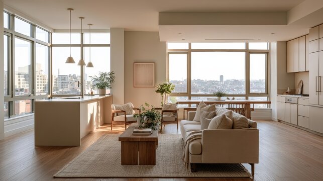 Bright modern apartment interior with open living area, warm wood tones and soft textiles